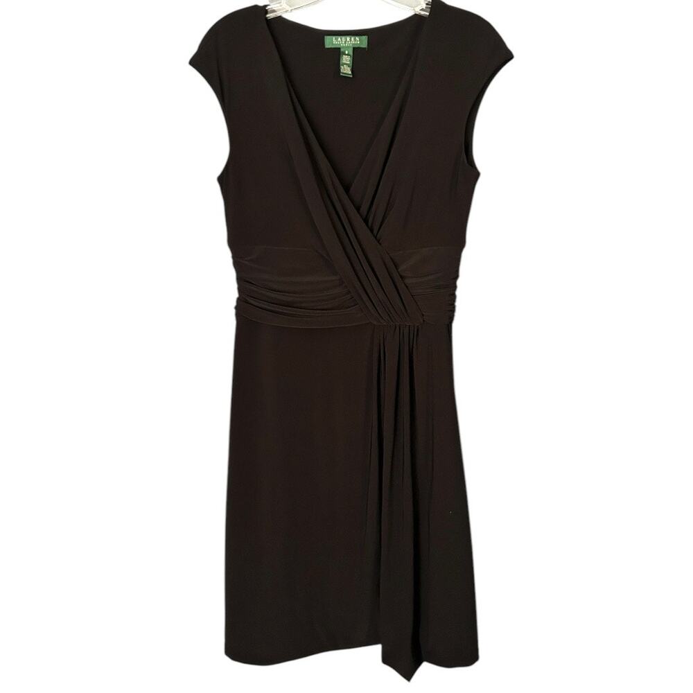 Lauren Ralph Lauren Ruched Knee Length Dress Womens 8 Black Cap Sleeve Faux Wrap